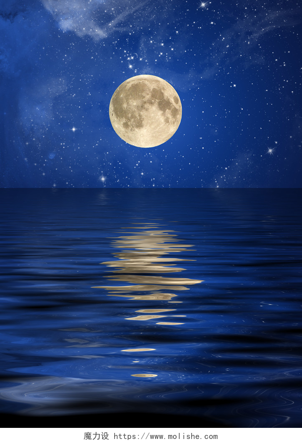 夜晚海洋上的月亮和星星月亮和星星的反思